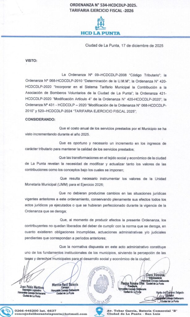 thumbnail of ORDENANZA N°534 -VIGENTE-HCDCDLP-2025-TARIFARIA EJERCICIO FISCAL 2026