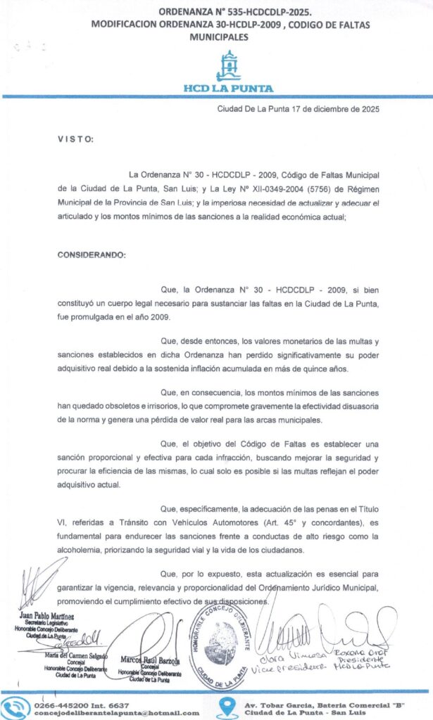 thumbnail of ORDENANZA N°535-VIGENTE-HCDCDLP-2025- MODIFICACION ORDENANZA N°30-HCDLP-2009 CODIGO DE FALTAS MUNICIPALES