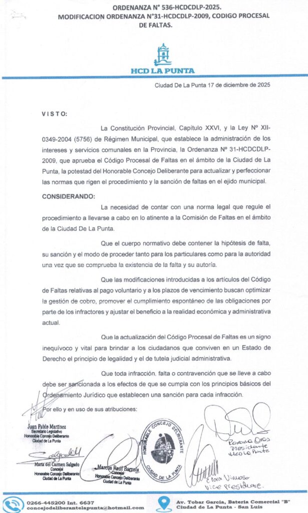 thumbnail of ORDENANZA N°536-VIGENTE-HCDCDLP-2025- MODIFICACION ORDENANZA N°31-HCDCDLP-2009 CODIGO PROCESAL DE FALTAS.