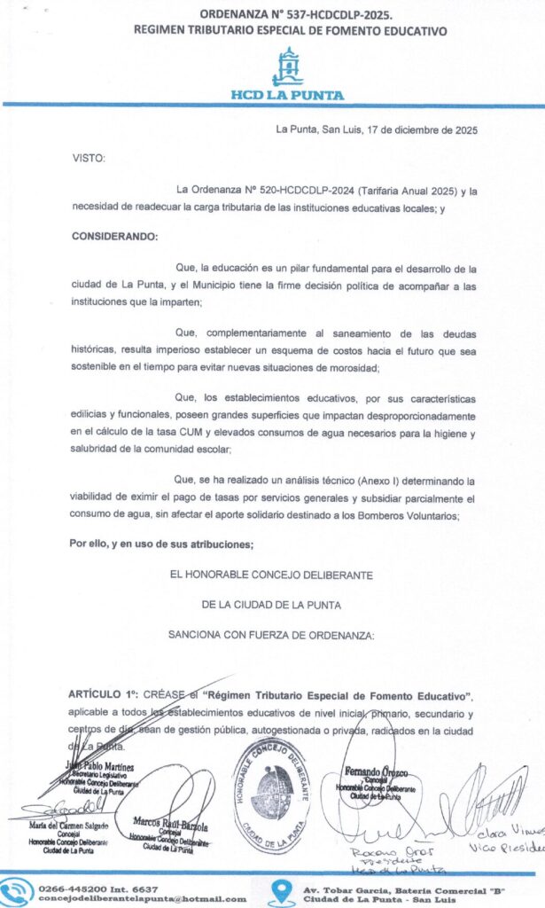 thumbnail of ORDENANZA N°537-VIGENTE-HCDCDLP-2025- REGIMEN TRIBUTARIO ESPECIAL DE FOMENTO EDUCATIVO.