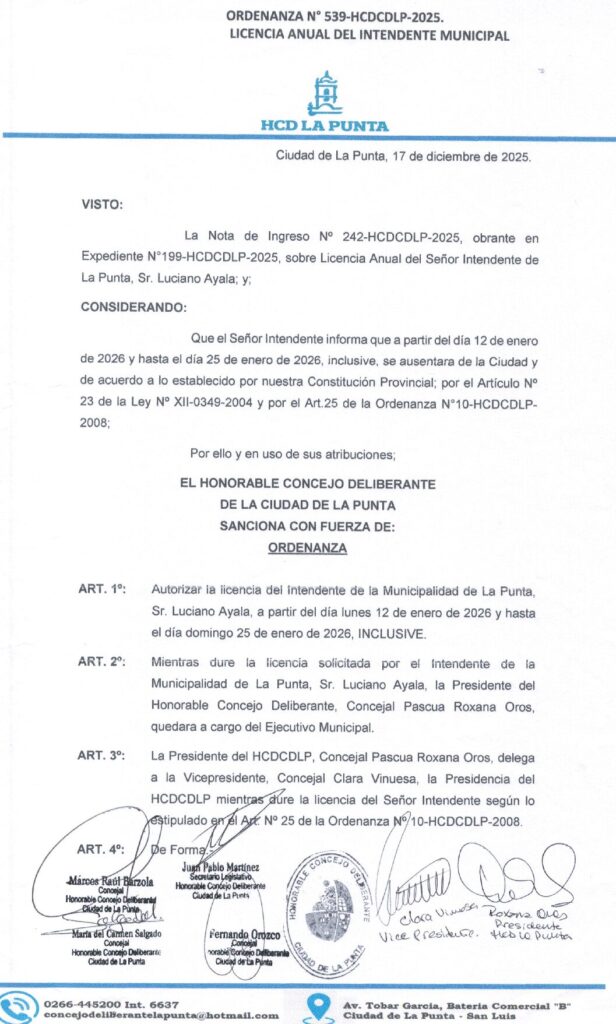 thumbnail of ORDENANZA N°539-NO VIGENTE-HCDCDLP-2025- LICENCIA ANUAL DEL INTENDENTE MUNICIPAL