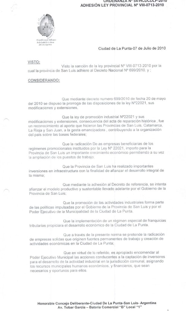 thumbnail of ORDENANZA N°54-VIGENTE-HCDCDLP-2010-ADHESION LEY PROVINCIAL N°VIII-0713-2010