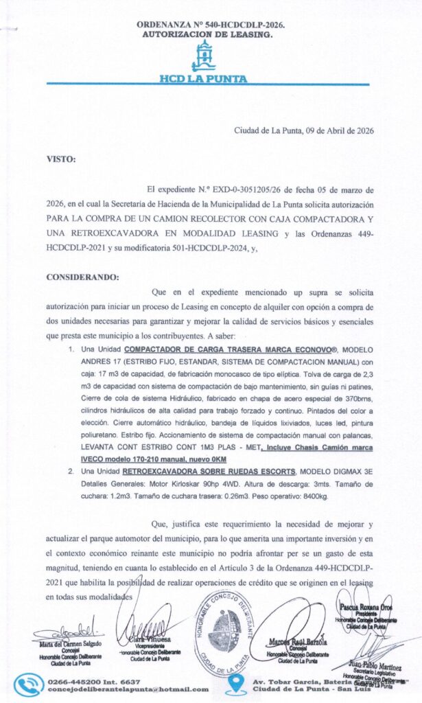 thumbnail of ORDENANZA N°540-VIGENTE-HCDCDLP-2026- AUTORIZACION DE LEASING