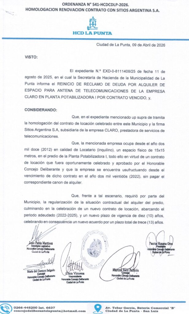 thumbnail of ORDENANZA N°541 -VIGENTE-HCDCDLP-2026-HOMOLOGACION RENOVACION CONTRATO CON SITIOS ARGENTINA S.A.