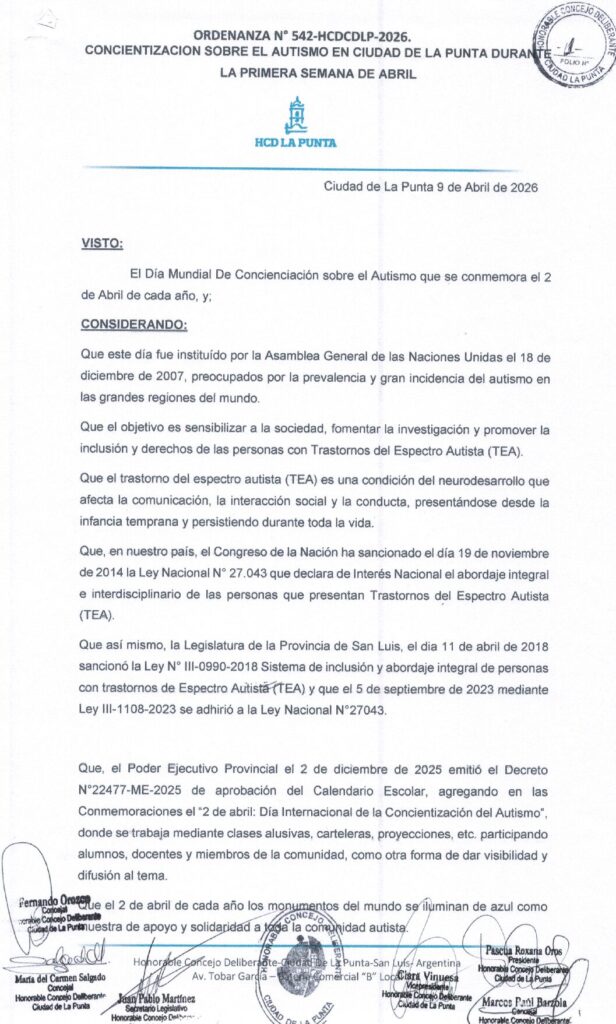 thumbnail of ORDENANZA N°542-VIGENTE-HCDCDLP-2026- CONCIENTIZACION SOBRE EL AUTISMO EN CIUDAD DE LA PUNTA DURANTE LA PRIMERA SEMANA DE ABRIL