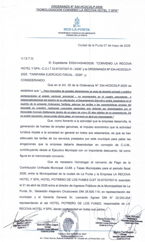 thumbnail of ORDENANZA N°543-VIGENTE-HCDCDLP-2026- HOMOLOGACION CONVENIO LA RECOVA HOTEL Y SPA