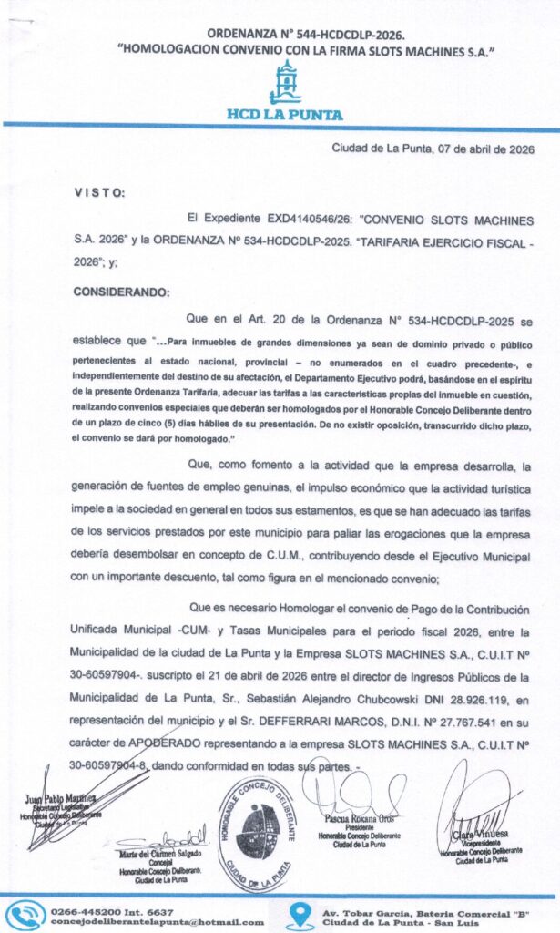 thumbnail of ORDENANZA N°544-VIGENTE-HCDCDLP-2026- HOMOLOGACION CONVENIO CON LA FIRMA SLOTS MACHINE S.A.