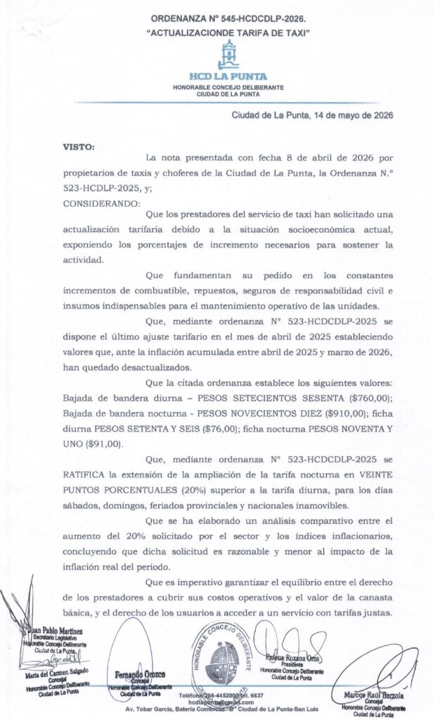 thumbnail of ORDENANZA N°545-VIGENTE-HCDCDLP-2026- ACTUALIZACION TARIFA DE TAXI
