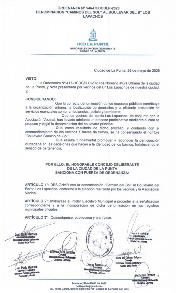thumbnail of ORDENANZA N°546-VIGENTE-HCDCDLP-2026- DENOMINACION CAMINOS DEL SOL AL BOULEVARD DEL B° LOS LAPACHOS
