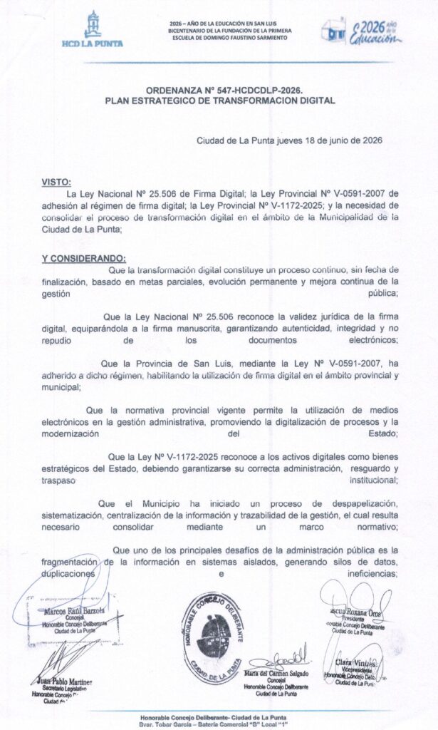 thumbnail of ORDENANZA N°547-VIGENTE-HCDCDLP-2026- PLAN ESTRATEGICO DE TRANSFORMACION DIGITAL