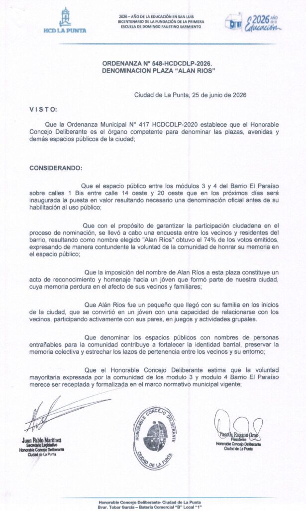 thumbnail of ORDENANZA N°548-VIGENTE-HCDCDLP-2026- DENOMINACION PLAZA ALAN RIOS