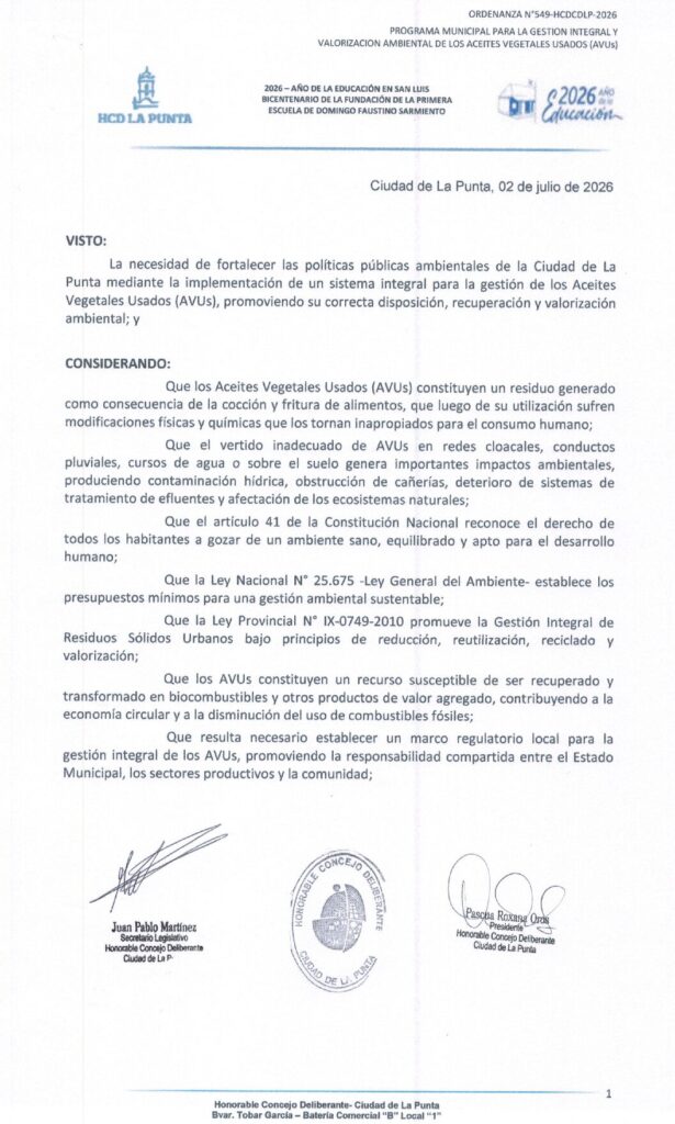 thumbnail of ORDENANZA N°549-VIGENTE-HCDCDLP-2026- PROGRAMA MUNICIPAL PARA LA GESTION INTEGRAL Y VALORACION AMBIENTAL DE LOS ACEITES VEGETALES USADOS (AVUS)