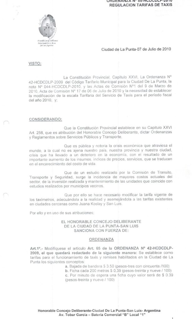 thumbnail of ORDENANZA N°55 -NO VIGENTE-HCDCDLP-2010-REGULACION TARIFA DE TAXIS