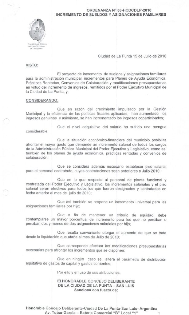 thumbnail of ORDENANZA N°56-NO VIGENTE-HCDCDLP-2010- INCREMENTO DE SUELDOS Y ASIGNACIONES FAMILIARES