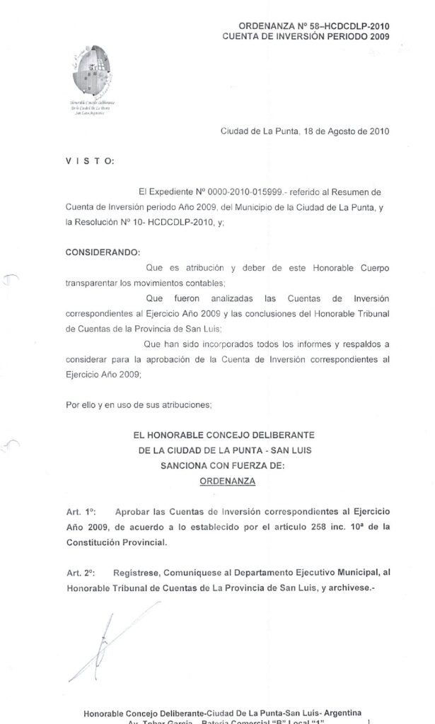 thumbnail of ORDENANZA N°58-NO VIGENTE-HCDCDLP-2010- CUENTA DE INVERSION PERIODO 2009