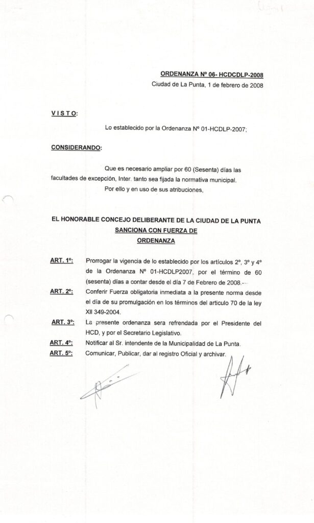 thumbnail of ORDENANZA N°6-NO VIGENTE-HCDCDLP-2008- PRORROGA VIGENCIA ORDENANZA N°1-HCDCDLP-2007