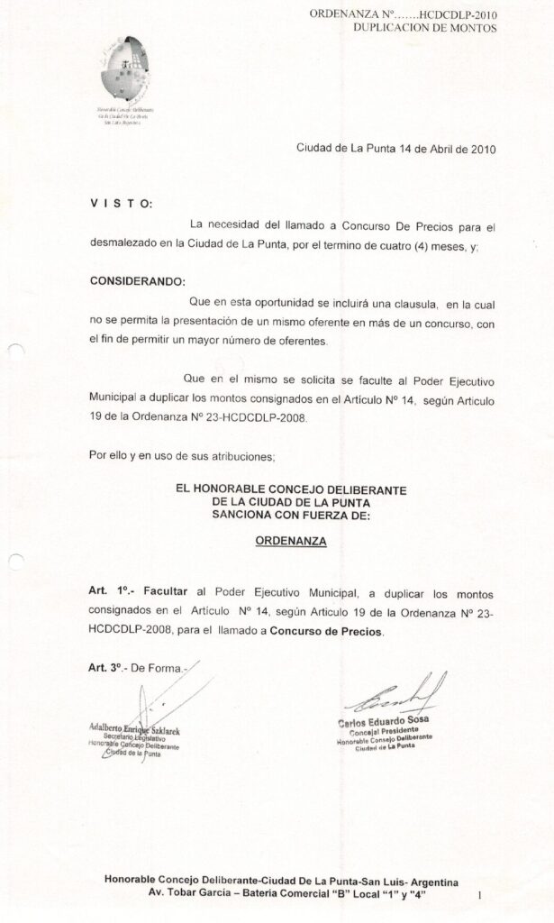 thumbnail of ORDENANZA N°60-NO VIGENTE-HCDCDLP-2010- DUPLICACION DE MONTOS