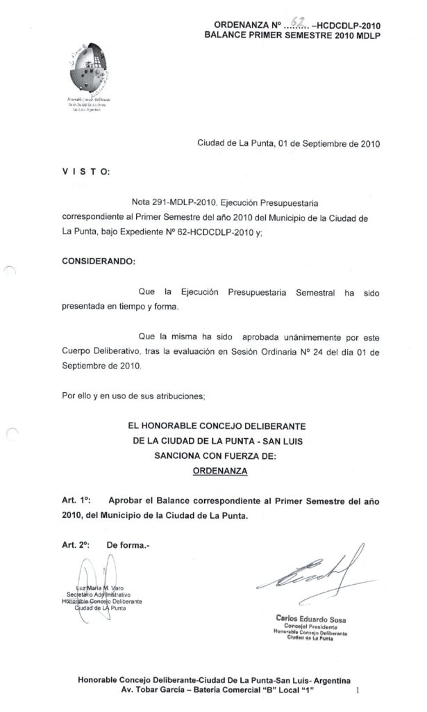 thumbnail of ORDENANZA N°62-NO VIGENTE-HCDCDLP-2010- BALANCE PRIMER SEMESTRE 2010 MDLP
