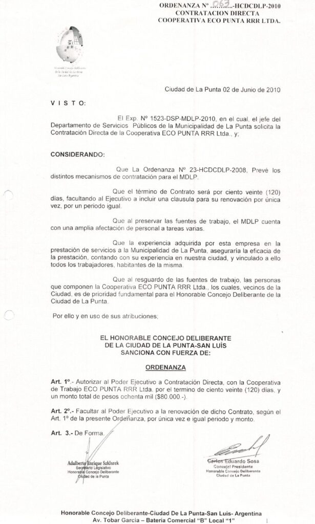 thumbnail of ORDENANZA N°63-NO VIGENTE-HCDCDLP-2010- CONTRATACION DIRECTA COOPERATIVA ECO PUNTA RRR LTDA.