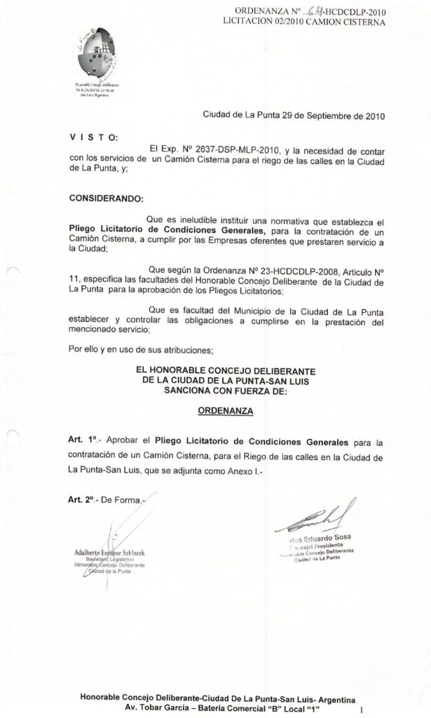 thumbnail of ORDENANZA N°64-NO VIGENTE-HCDCDLP-2010- LICITACION 02-2010 CAMION CISTERNA