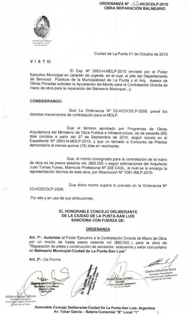 thumbnail of ORDENANZA N°65-NO VIGENTE-HCDCDLP-2010- OBRA REPARACION BALNEARIO