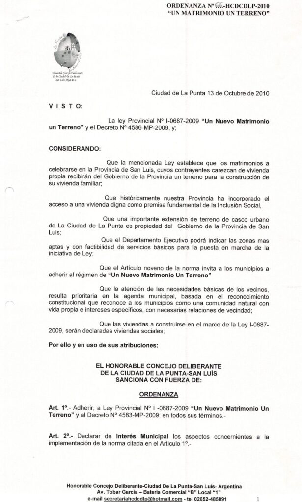 thumbnail of ORDENANZA N°66-NO VIGENTE-HCDCDLP-2010- UN MATRIMONIO UN TERRENO
