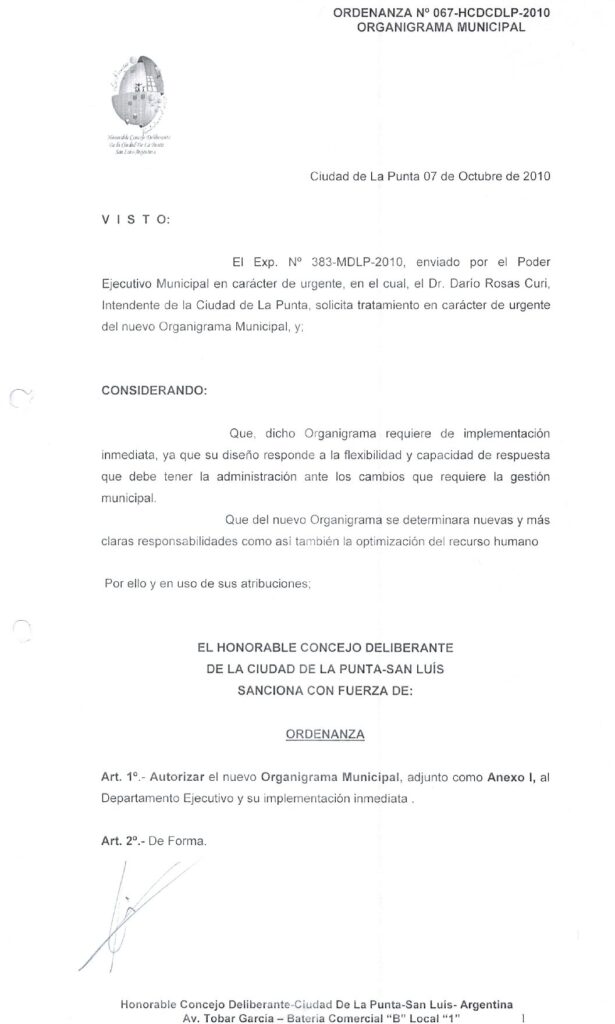 thumbnail of ORDENANZA N°67 -NO VIGENTE -HCDCDLP-2010-ORGANIGRAMA MUNICIPAL