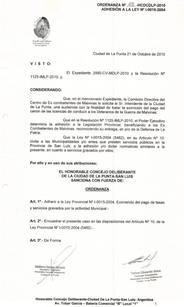 thumbnail of ORDENANZA N°69 -VIGENTE-HCDCDLP-2010-ADHESION A LA LEY N°I-0015-2004