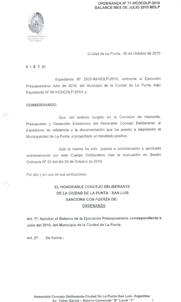 thumbnail of ORDENANZA N°71-NO VIGENTE-HCDCDLP-2010- BALANCE MES DE JULIO 2010 MDLP