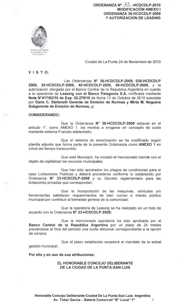 thumbnail of ORDENANZA N°73-NO VIGENTE-HCDCDLP-2010- MODIFICACION ANEXO I ORDENANZA 36-HCDCDLP-2009 Y AUTORIZACION DE LEASING