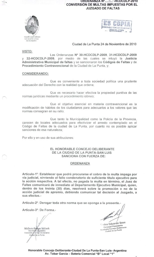 thumbnail of ORDENANZA N°74-VIGENTE-HCDCDLP-2010- CONVERSION DE MULTAS IMPUESTAS POR EL JUZGADO DE FALTAS