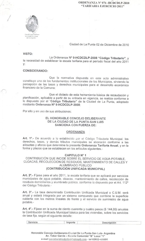 thumbnail of ORDENANZA N°76-NO VIGENTE-HCDCDLP-2010- TARIFARIA EJERCICIO FISCAL 2011