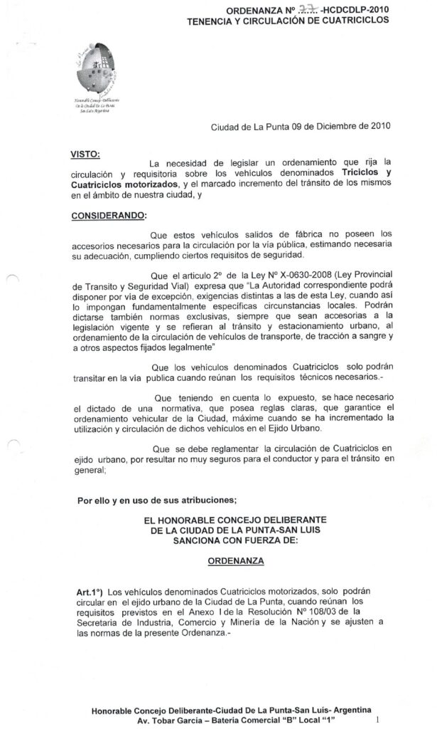 thumbnail of ORDENANZA N°77 -VIGENTE-HCDCDLP-2010-TENENCIA Y CIRCULACION DE CUATRICICLOS