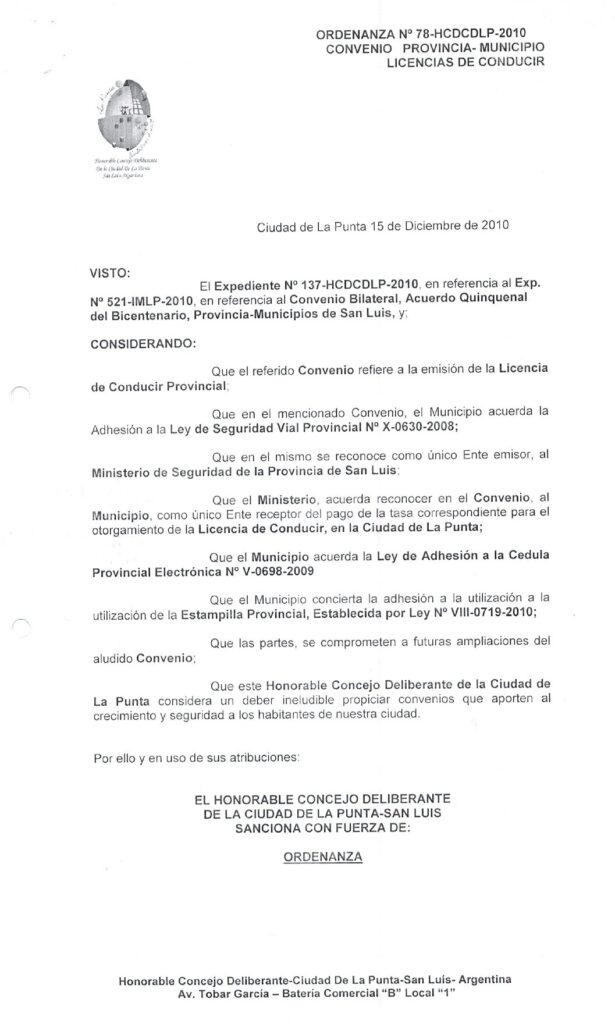 thumbnail of ORDENANZA N°78-VIGENTE-HCDCDLP-2010-CONVENIO PROVINCIA-MUNICIPIO LICENCIAS DE CONDUCIR