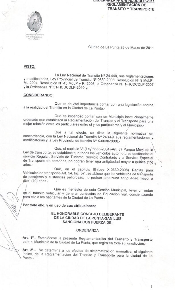 thumbnail of ORDENANZA N°79-VIGENTE-HCDCDLP-2011- REGLAMENTACION DE TRANSITO Y TRANSPORTE