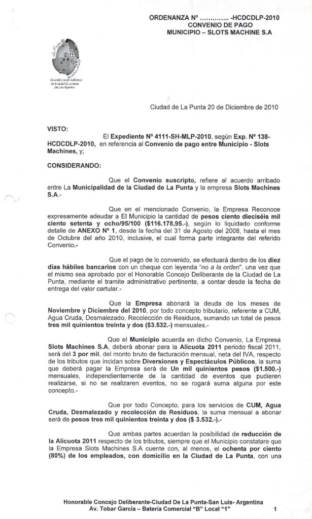 thumbnail of ORDENANZA N°80-NO VIGENTE-HCDCDLP-2010- CONVENIO DE PAGO MUNICIPIO-SLOTS MACHINES S.A