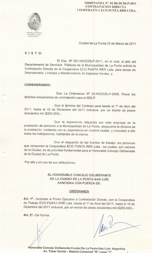 thumbnail of ORDENANZA N°82-NO VIGENTE-HCDCDLP-2011- CONTRATACION DIRECTA COOPERATIVA ECO PUNTA RRR LTDA.
