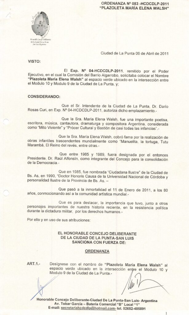 thumbnail of ORDENANZA N°83-VIGENTE-HCDCDLP-2011- PLAZOLETA MARIA ELENA WALSH