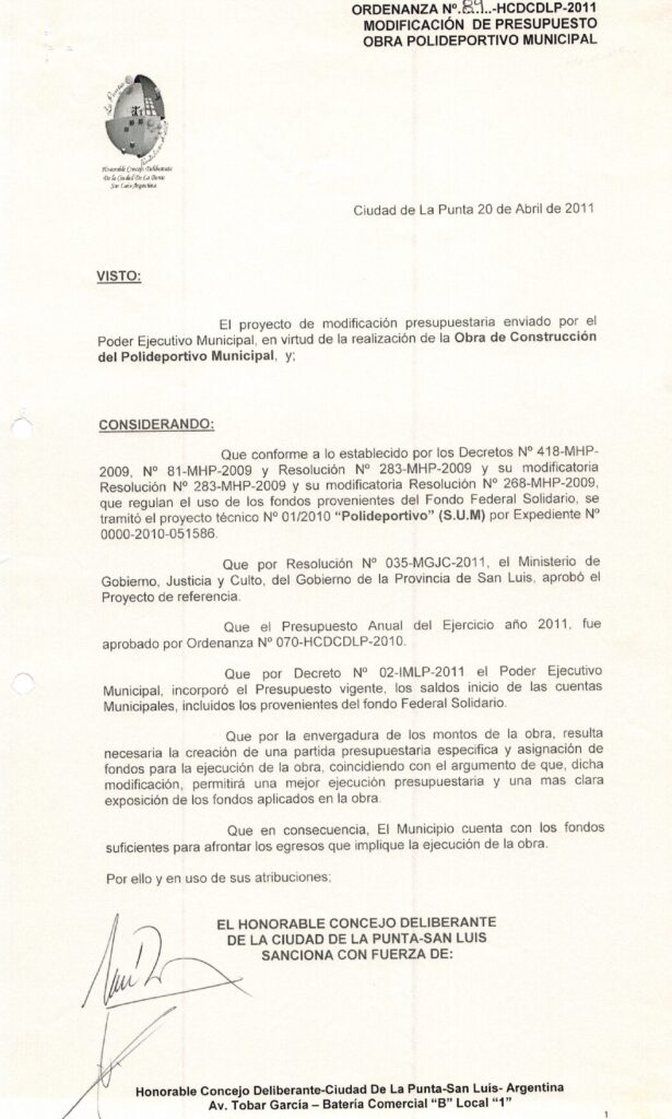 thumbnail of ORDENANZA N°84-NO VIGENTE-HCDCDLP-2011- MODIFICACION DE PRESUPUESTO OBRA POLIDEPORTIVO MUNICIPAL