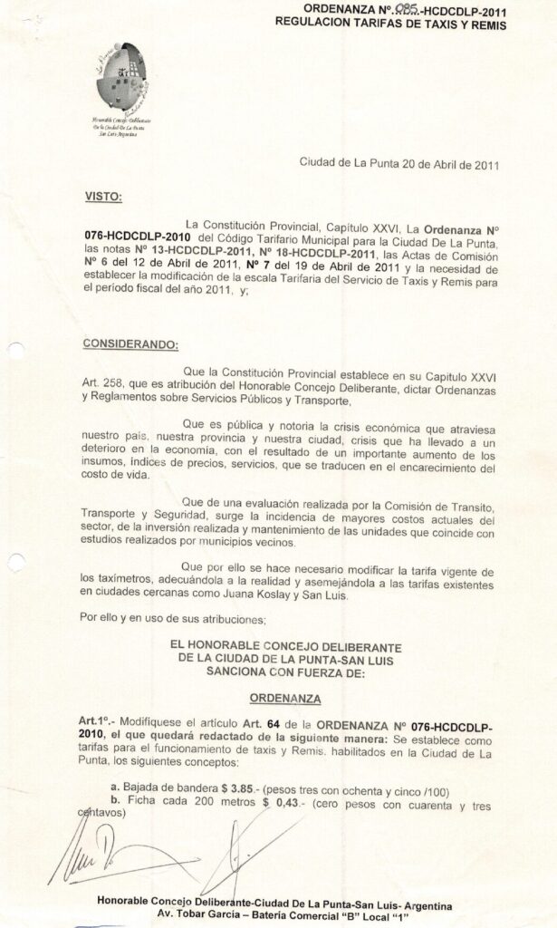 thumbnail of ORDENANZA N°85 -NO VIGENTE-HCDCDLP-2011-REGULACION TARIFAS DE TAXIS Y REMIS