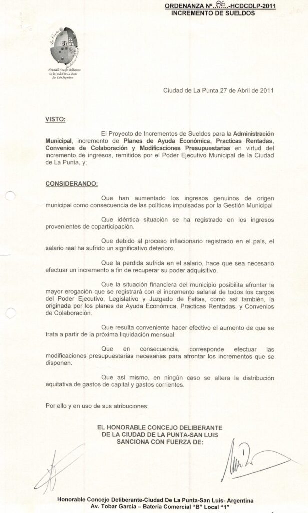 thumbnail of ORDENANZA N°86-NO VIGENTE-HCDCDLP-2011- INCREMENTO DE SUELDOS