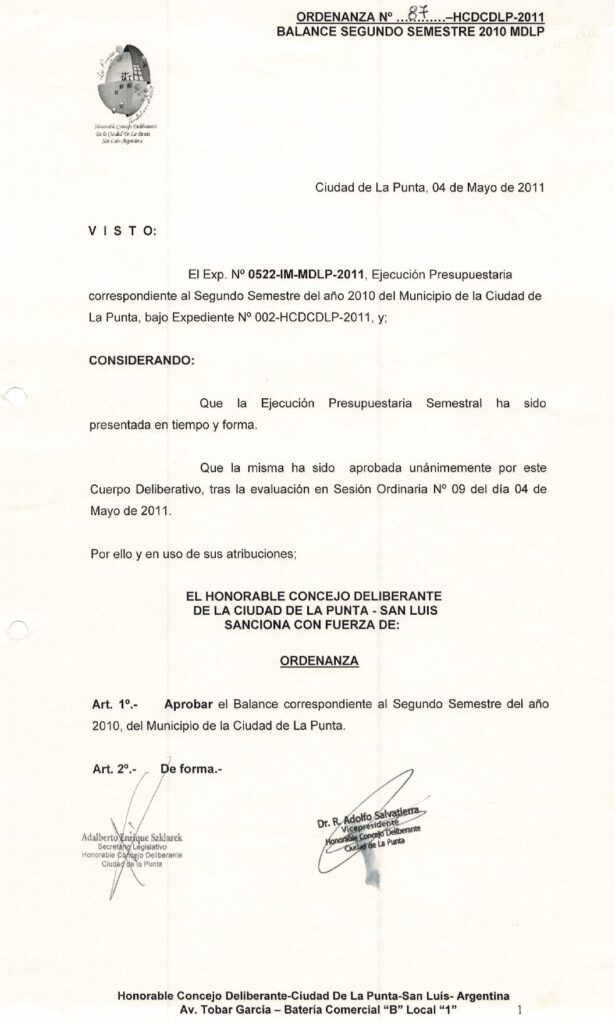 thumbnail of ORDENANZA N°87-NO VIGENTE-HCDCDLP-2011- BALANCE SEGUNDO SEMESTRE 2010 MDLP