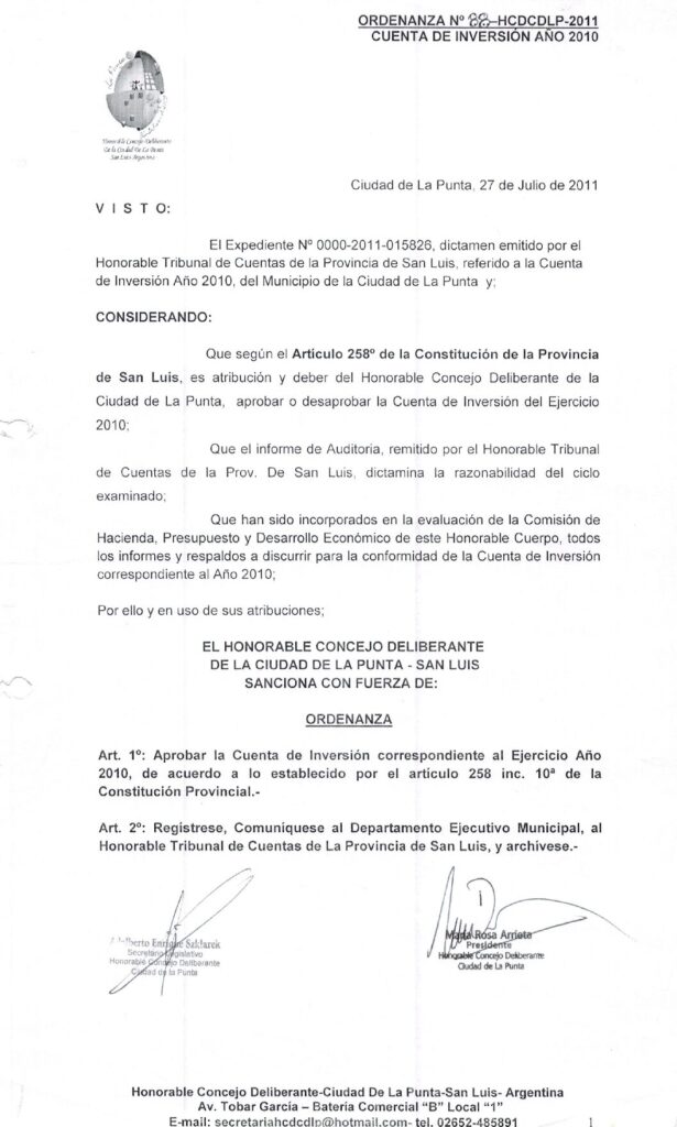 thumbnail of ORDENANZA N°88-NO VIGENTE-HCDCDLP-2011- CUENTA DE INVERSION AÑO 2010
