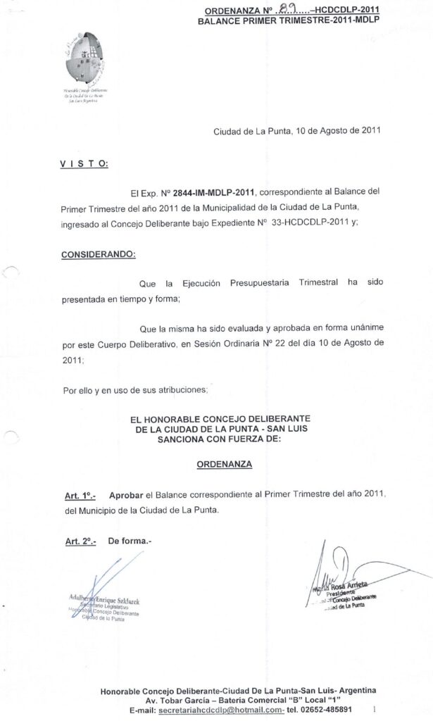 thumbnail of ORDENANZA N°89-NO VIGENTE-HCDCDLP-2011- BALANCE PRIMER SEMESTRE- 2011-MDLP