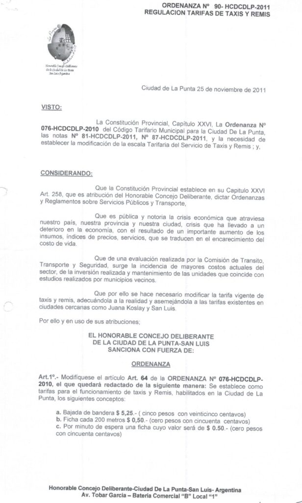 thumbnail of ORDENANZA N°90-NO VIGENTE-HCDCDLP-2011- REGULACION TARIFAS DE TAXIS Y REMIS