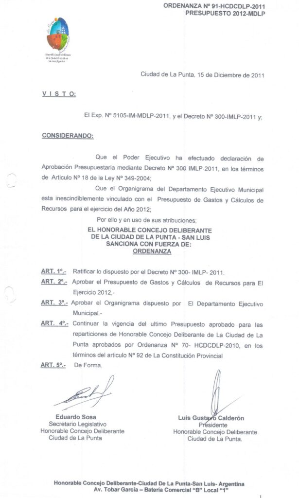 thumbnail of ORDENANZA N°91-NO VIGENTE-HCDCDLP-2011- PRESUPUESTO 2012-MDLP