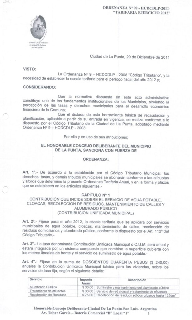 thumbnail of ORDENANZA N°92-NO VIGENTE-HCDCDLP-2011- TARIFARIA EJERCICIO 2012