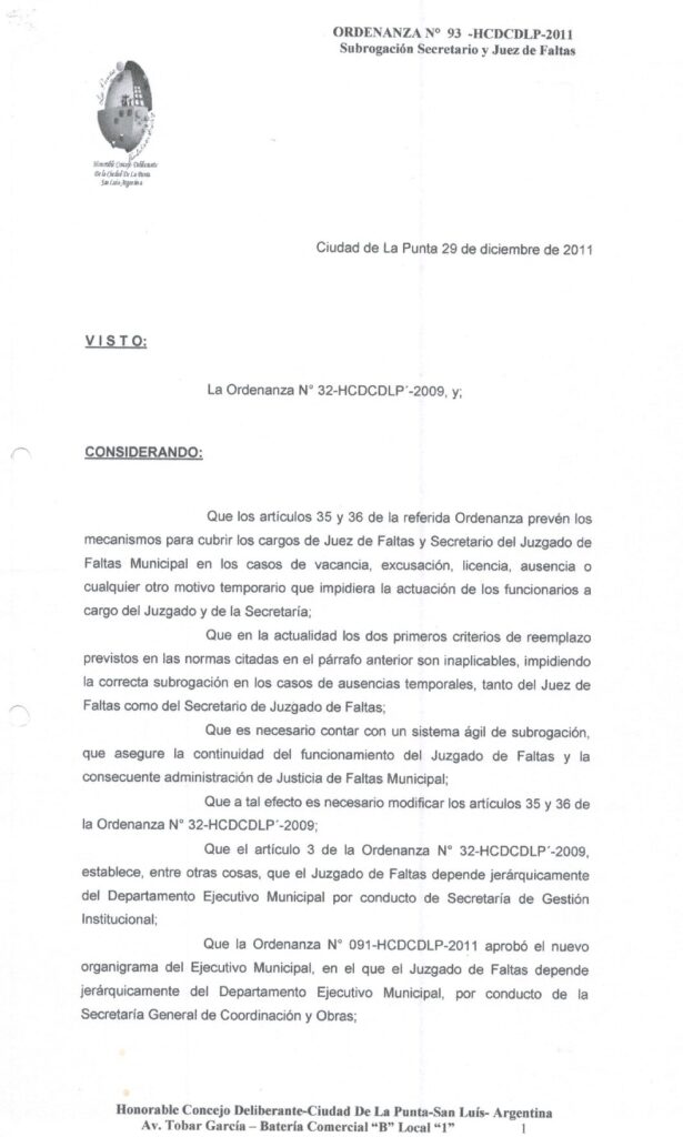 thumbnail of ORDENANZA N°93-VIGENTE-HCDCDLP-2011- SUBROGACION SECRETARIO Y JUEZ DE FALTAS