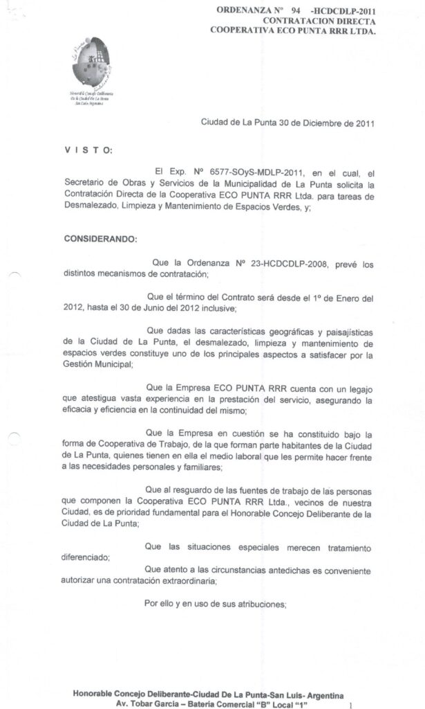 thumbnail of ORDENANZA N°94 CONTRATACION DIRECTA COOPERATIVA ECO PUNTA RRR LTDA.