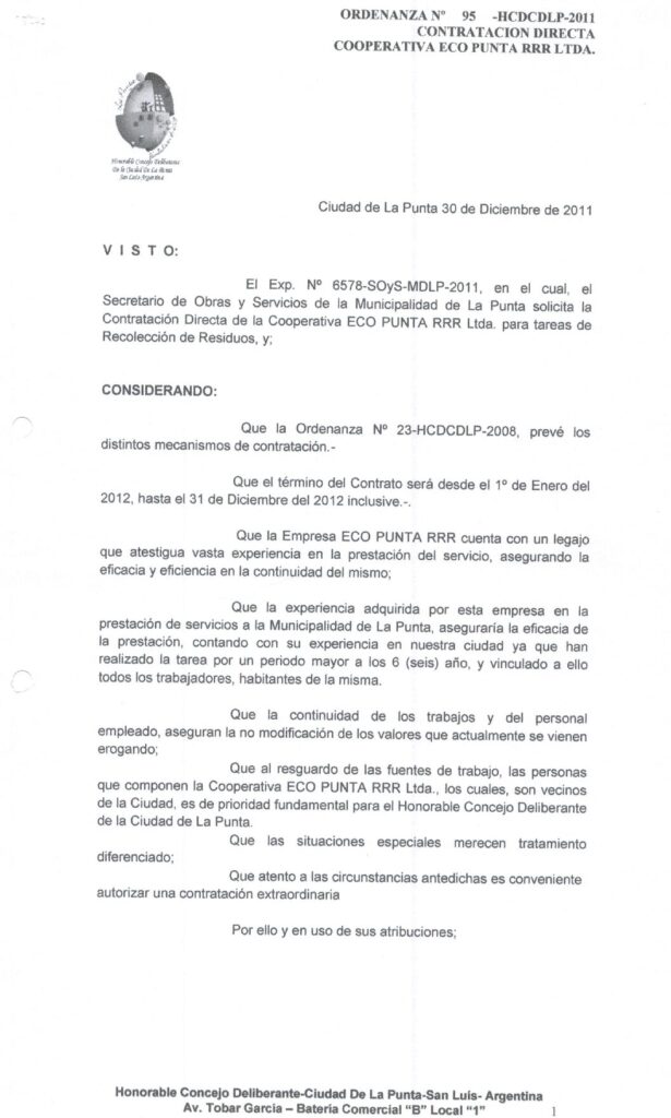 thumbnail of ORDENANZA N°95-NO VIGENTE-HCDCDLP-2011- CONTRATACION DIRECTA COOPERATIVA ECO LA PUNTA RRR LTDA.